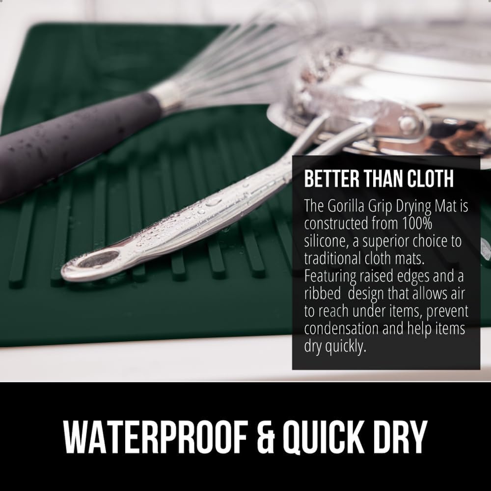image:imageGORILLA GRIP Ultra Water Absorbent Microfiber Dish Drying Mat Quick Dry Thick Mesh Slip Resistant Pad for Sink Dishes or Under Rack Kitchen Counter Accessories Machine Wash Mats 18x16 Inch BlackHunter Green