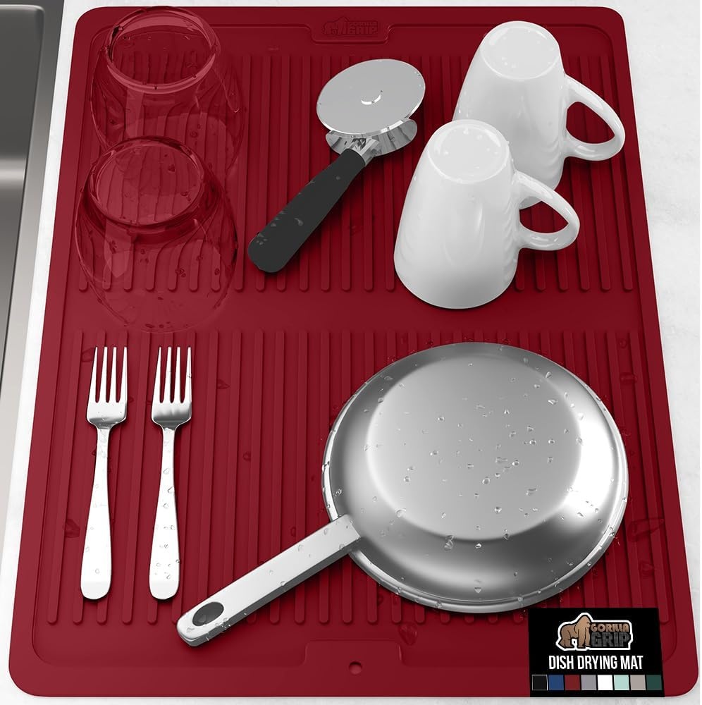 image:imageGORILLA GRIP Ultra Water Absorbent Microfiber Dish Drying Mat Quick Dry Thick Mesh Slip Resistant Pad for Sink Dishes or Under Rack Kitchen Counter Accessories Machine Wash Mats 18x16 Inch BlackRed