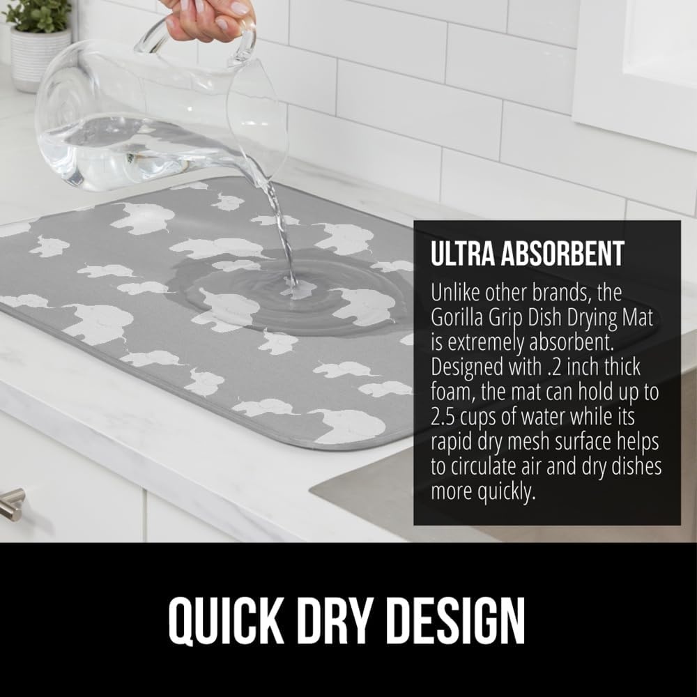 image:imageGORILLA GRIP Ultra Water Absorbent Microfiber Dish Drying Mat Quick Dry Thick Mesh Slip Resistant Pad for Sink Dishes or Under Rack Kitchen Counter Accessories Machine Wash Mats 18x16 Inch BlackElephants