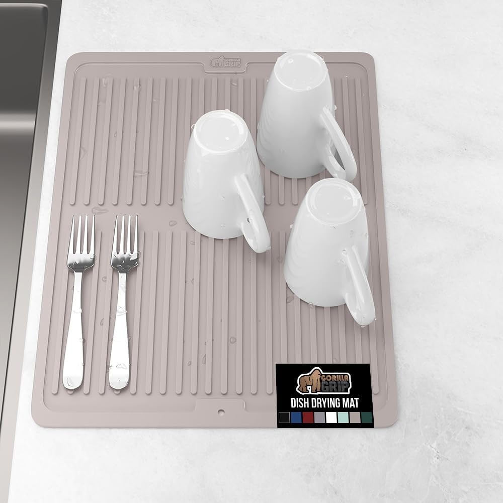 image:imageGORILLA GRIP Ultra Water Absorbent Microfiber Dish Drying Mat Quick Dry Thick Mesh Slip Resistant Pad for Sink Dishes or Under Rack Kitchen Counter Accessories Machine Wash Mats 18x16 Inch BlackAlmond