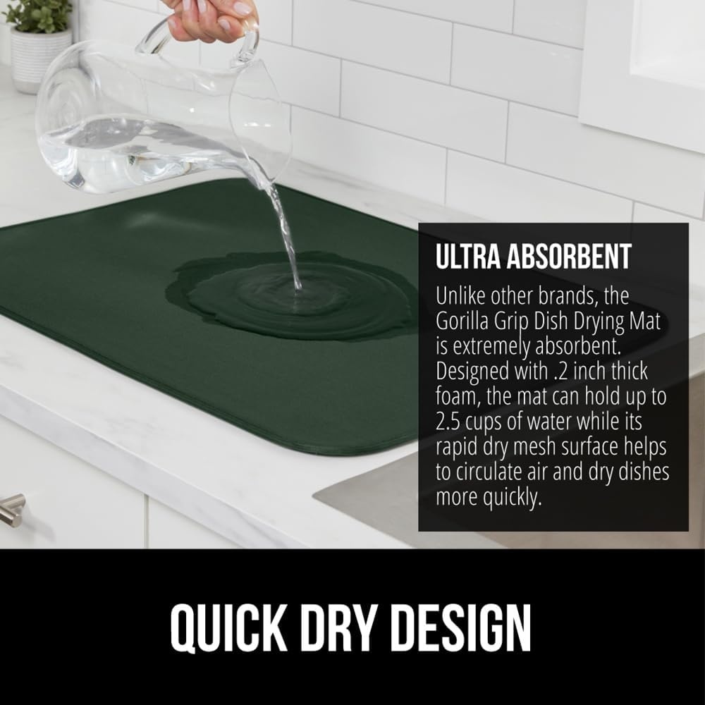 image:imageGORILLA GRIP Ultra Water Absorbent Microfiber Dish Drying Mat Quick Dry Thick Mesh Slip Resistant Pad for Sink Dishes or Under Rack Kitchen Counter Accessories Machine Wash Mats 18x16 Inch BlackHunter Green