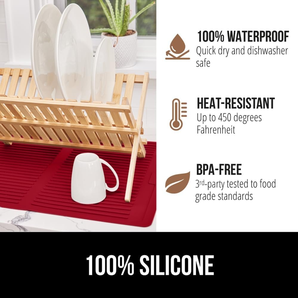 image:imageGORILLA GRIP Ultra Water Absorbent Microfiber Dish Drying Mat Quick Dry Thick Mesh Slip Resistant Pad for Sink Dishes or Under Rack Kitchen Counter Accessories Machine Wash Mats 18x16 Inch BlackRed