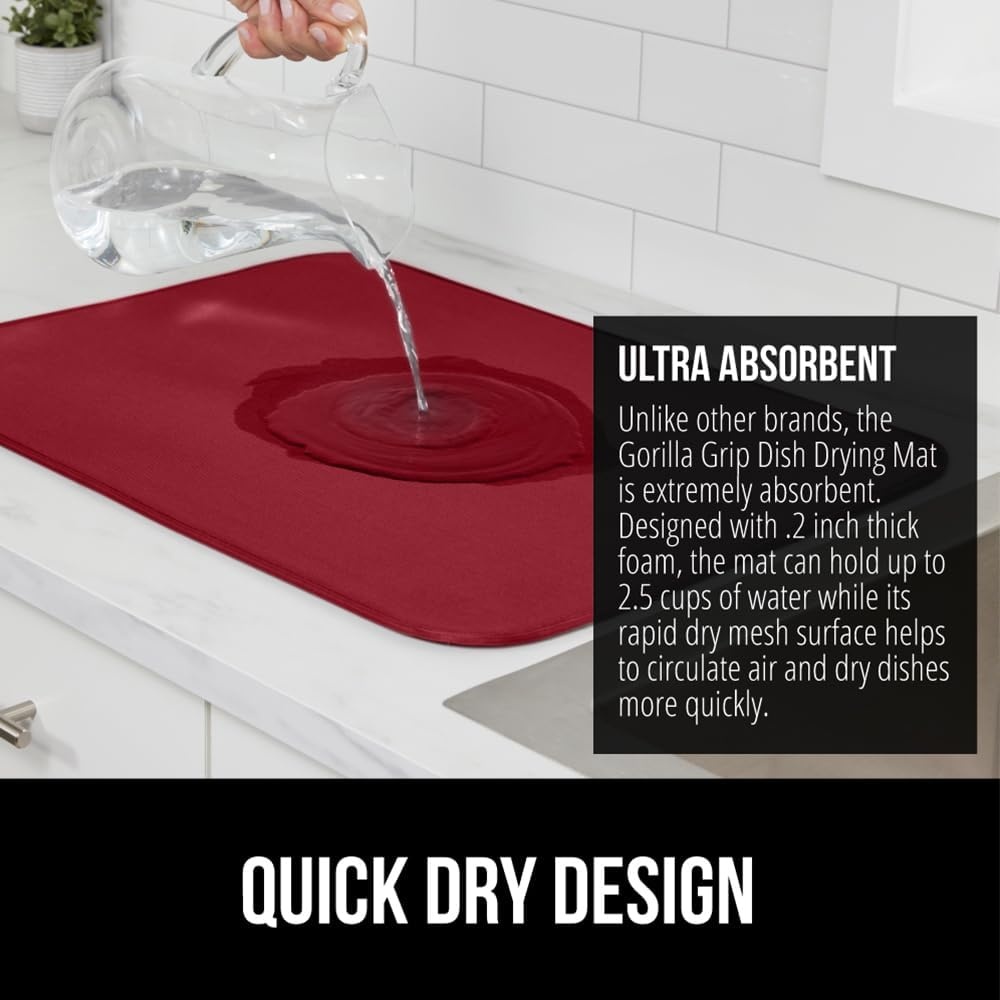 image:imageGORILLA GRIP Ultra Water Absorbent Microfiber Dish Drying Mat Quick Dry Thick Mesh Slip Resistant Pad for Sink Dishes or Under Rack Kitchen Counter Accessories Machine Wash Mats 18x16 Inch BlackRed