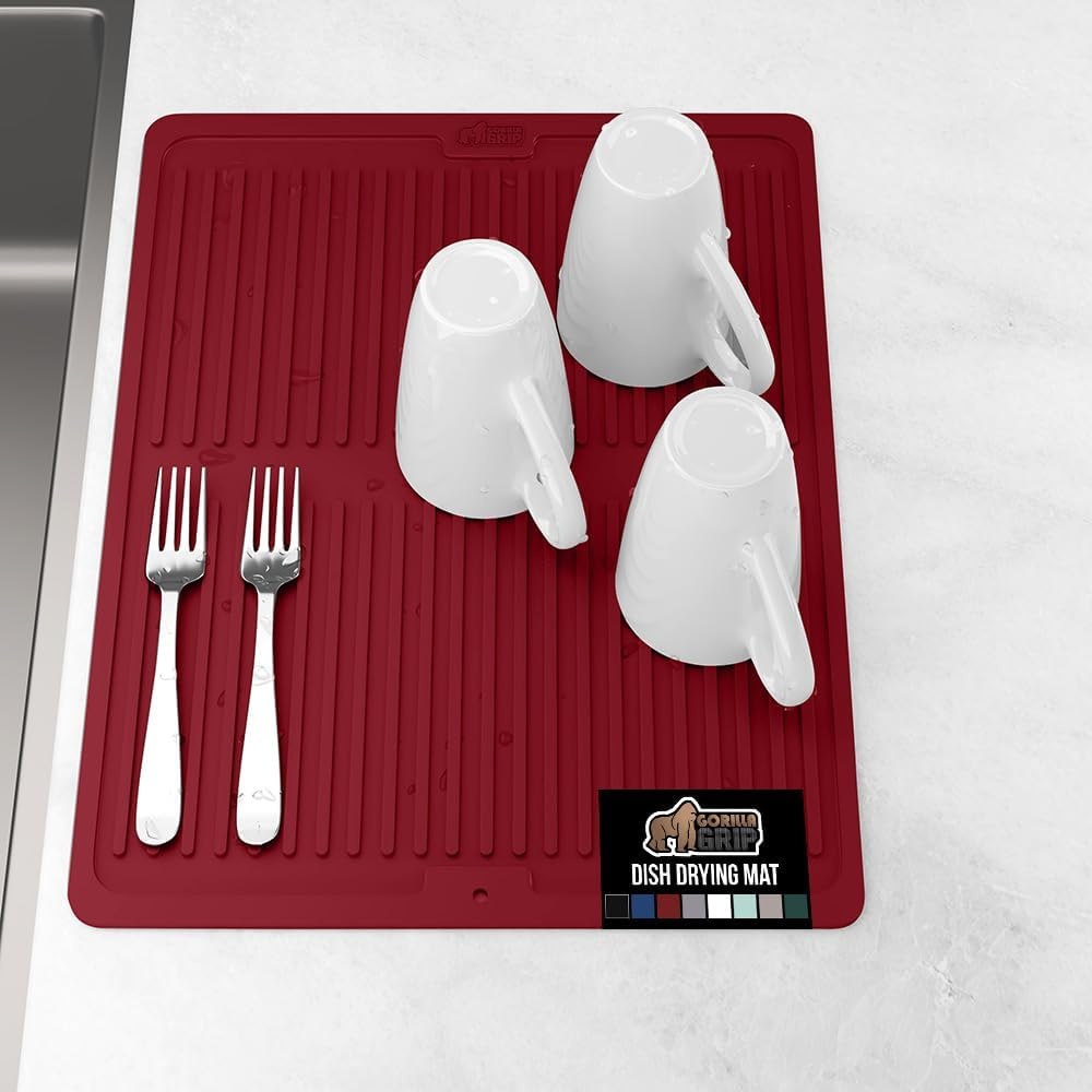 image:imageGORILLA GRIP Ultra Water Absorbent Microfiber Dish Drying Mat Quick Dry Thick Mesh Slip Resistant Pad for Sink Dishes or Under Rack Kitchen Counter Accessories Machine Wash Mats 18x16 Inch BlackRed