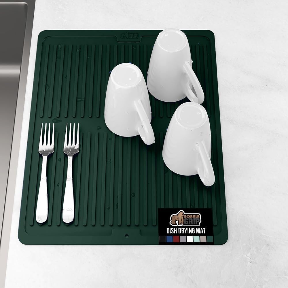 image:imageGORILLA GRIP Ultra Water Absorbent Microfiber Dish Drying Mat Quick Dry Thick Mesh Slip Resistant Pad for Sink Dishes or Under Rack Kitchen Counter Accessories Machine Wash Mats 18x16 Inch BlackHunter Green