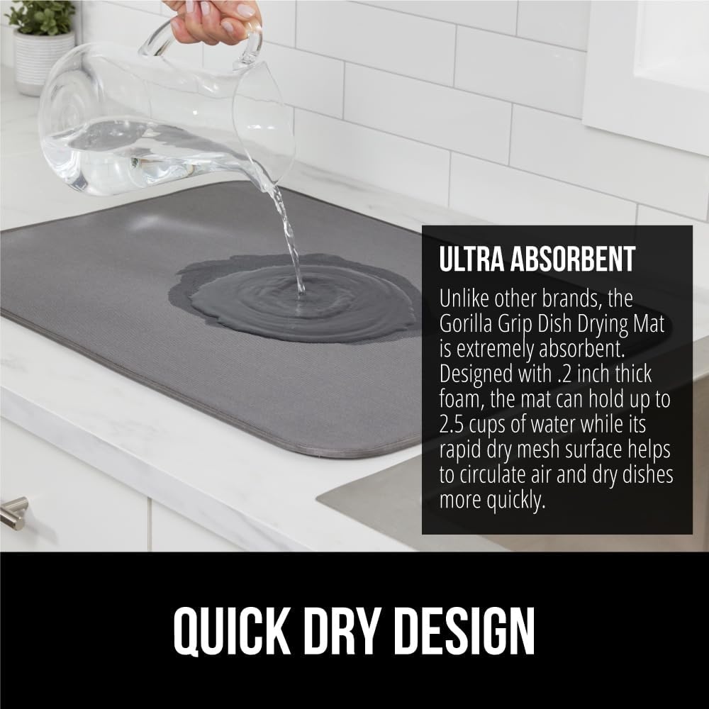 image:imageGORILLA GRIP Ultra Water Absorbent Microfiber Dish Drying Mat Quick Dry Thick Mesh Slip Resistant Pad for Sink Dishes or Under Rack Kitchen Counter Accessories Machine Wash Mats 18x16 Inch BlackGray
