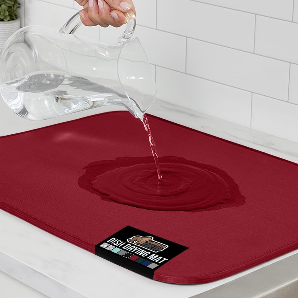 image:imageGORILLA GRIP Ultra Water Absorbent Microfiber Dish Drying Mat Quick Dry Thick Mesh Slip Resistant Pad for Sink Dishes or Under Rack Kitchen Counter Accessories Machine Wash Mats 18x16 Inch BlackRed