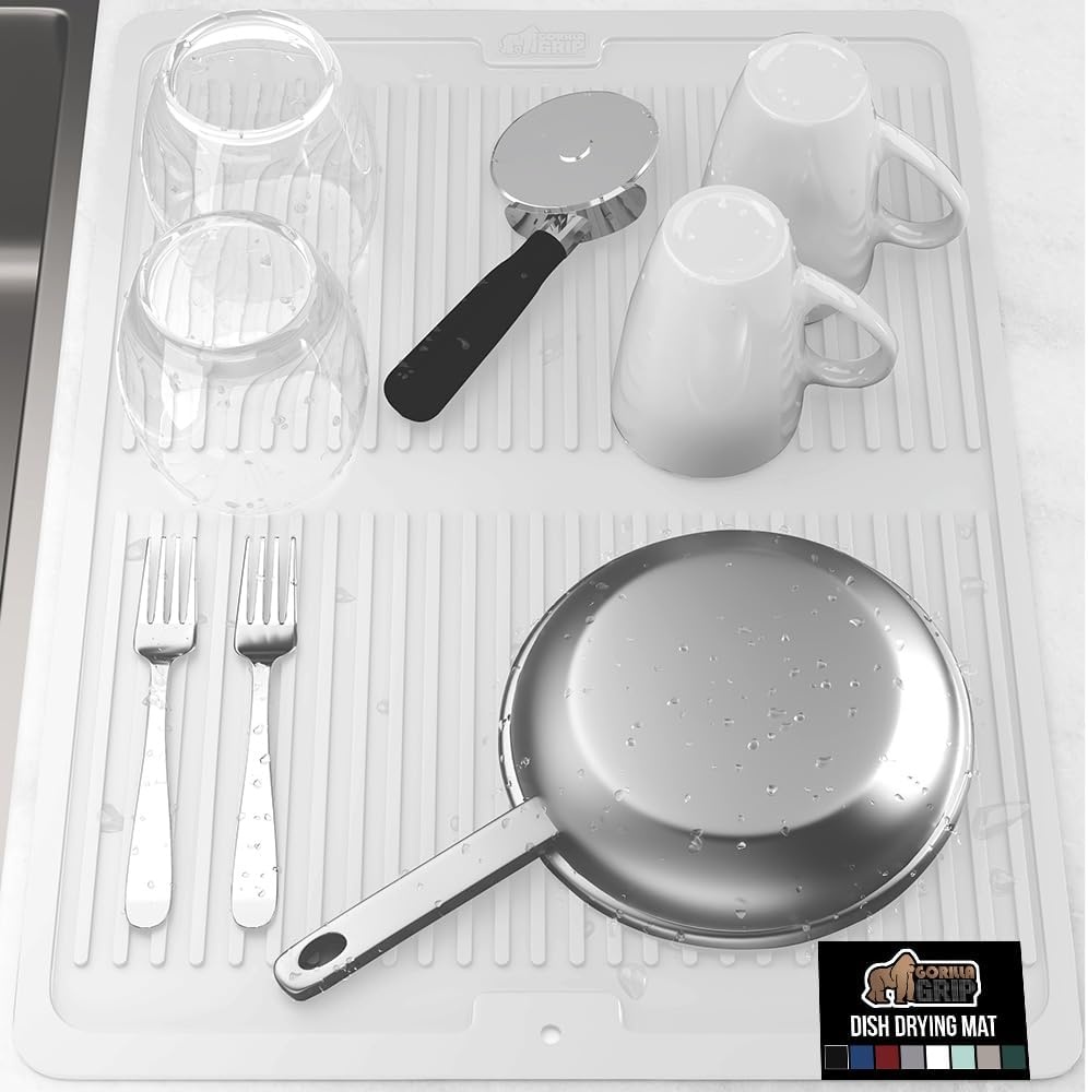 image:imageGORILLA GRIP Ultra Water Absorbent Microfiber Dish Drying Mat Quick Dry Thick Mesh Slip Resistant Pad for Sink Dishes or Under Rack Kitchen Counter Accessories Machine Wash Mats 18x16 Inch BlackWhite