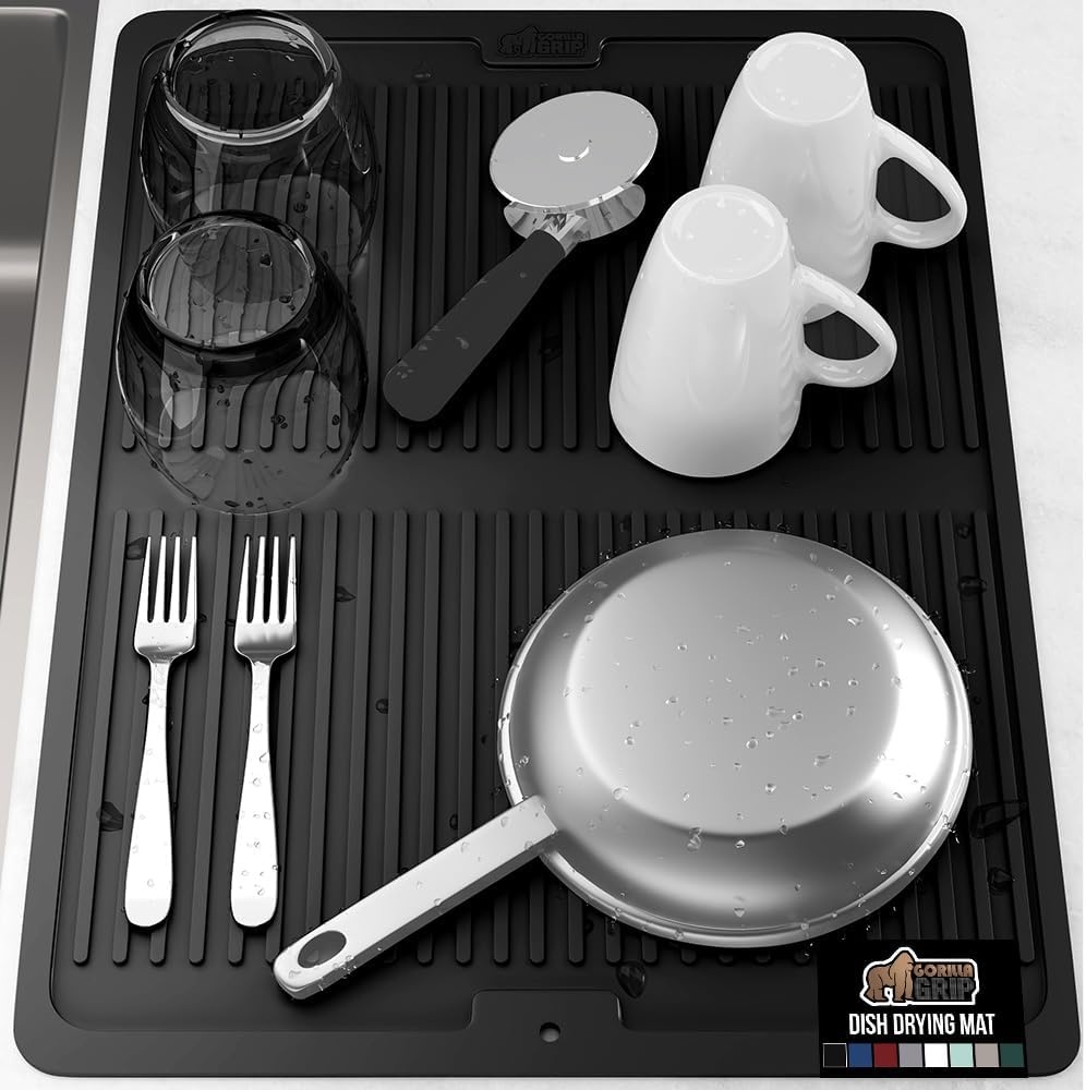 image:imageGORILLA GRIP Ultra Water Absorbent Microfiber Dish Drying Mat Quick Dry Thick Mesh Slip Resistant Pad for Sink Dishes or Under Rack Kitchen Counter Accessories Machine Wash Mats 18x16 Inch BlackBlack