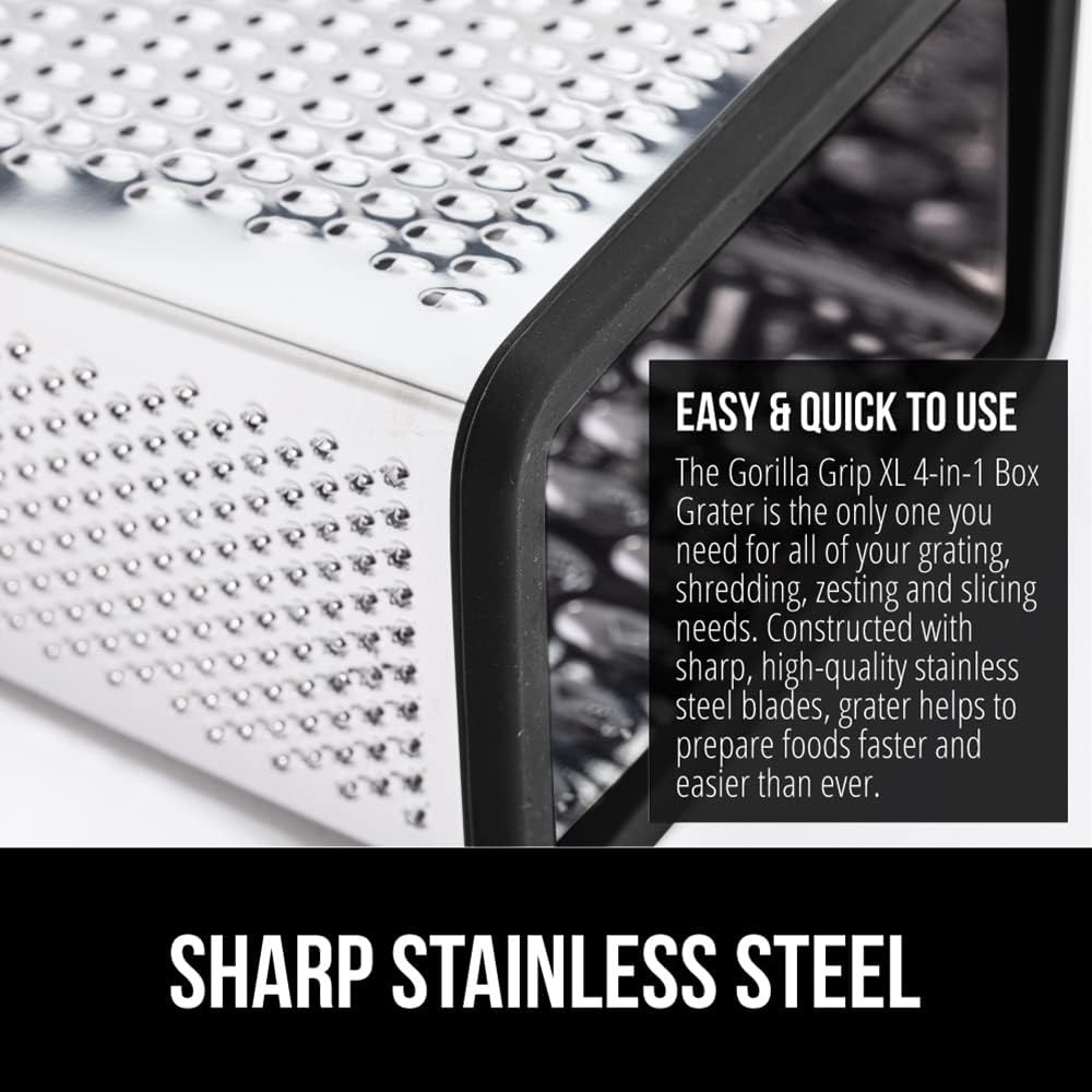 image:imageGORILLA GRIP XL 4Sided Stainless Steel Cheese Grater With Measurement Container BPAFree Box Grater Slip Resistant Base Grate Hard Parmesan Shred Veggies Zest Citrus Dishwasher Safe BlackBlack