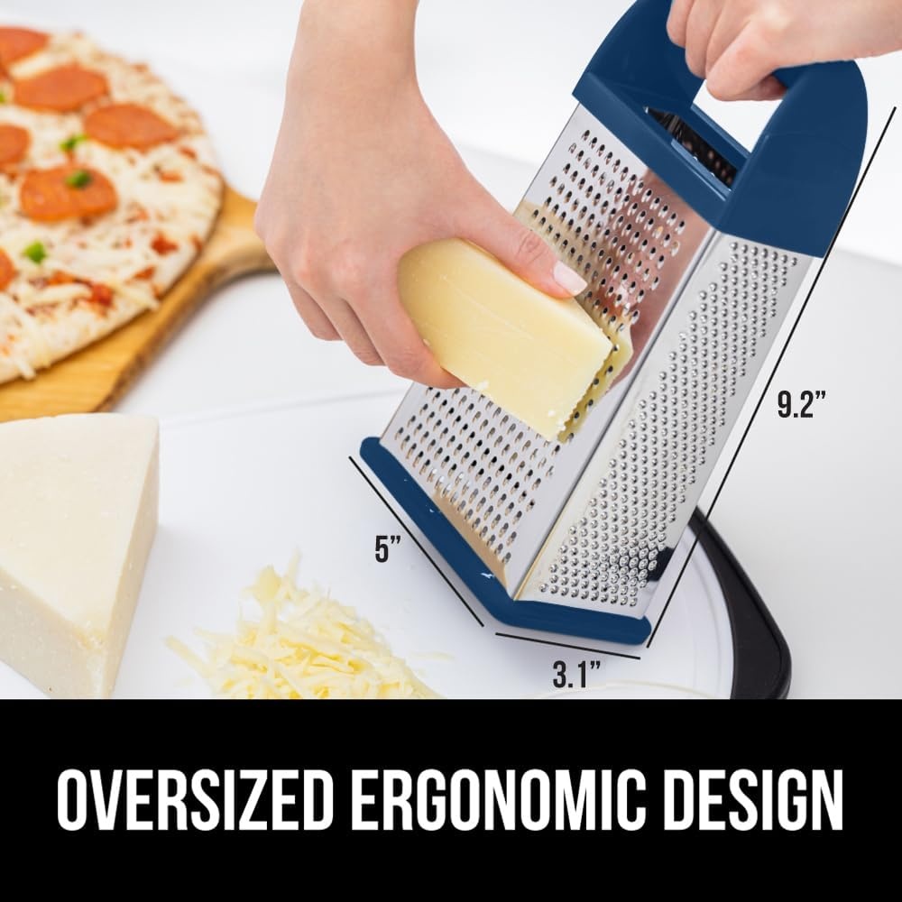 image:imageGORILLA GRIP XL 4Sided Stainless Steel Cheese Grater With Measurement Container BPAFree Box Grater Slip Resistant Base Grate Hard Parmesan Shred Veggies Zest Citrus Dishwasher Safe BlackBlue