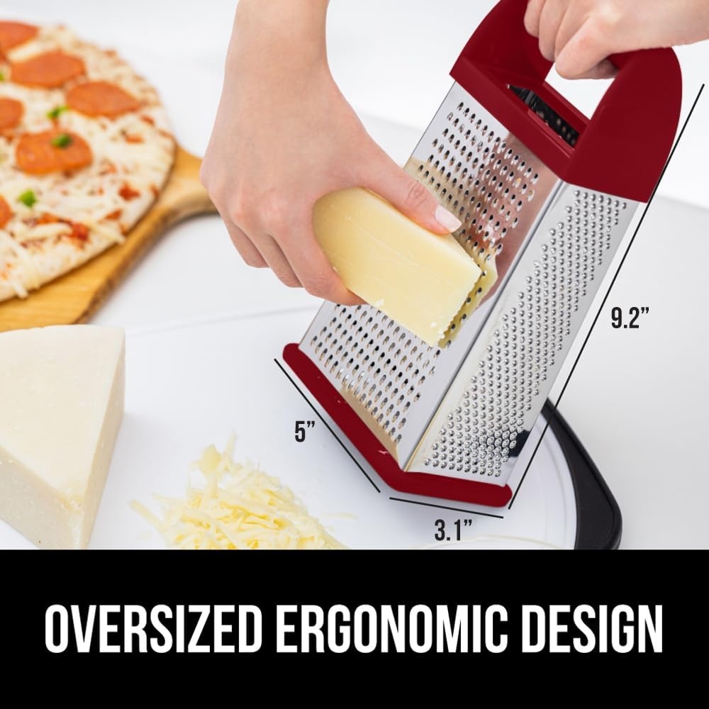 image:imageGORILLA GRIP XL 4Sided Stainless Steel Cheese Grater With Measurement Container BPAFree Box Grater Slip Resistant Base Grate Hard Parmesan Shred Veggies Zest Citrus Dishwasher Safe BlackRed
