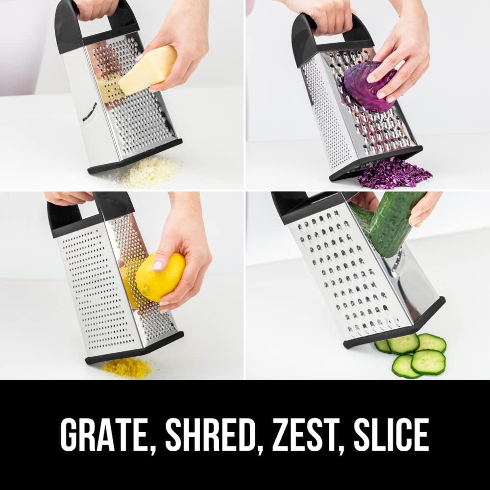 image:imageGORILLA GRIP XL 4Sided Stainless Steel Cheese Grater With Measurement Container BPAFree Box Grater Slip Resistant Base Grate Hard Parmesan Shred Veggies Zest Citrus Dishwasher Safe BlackBlack