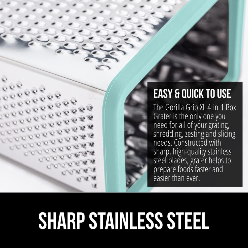 image:imageGORILLA GRIP XL 4Sided Stainless Steel Cheese Grater With Measurement Container BPAFree Box Grater Slip Resistant Base Grate Hard Parmesan Shred Veggies Zest Citrus Dishwasher Safe BlackMint
