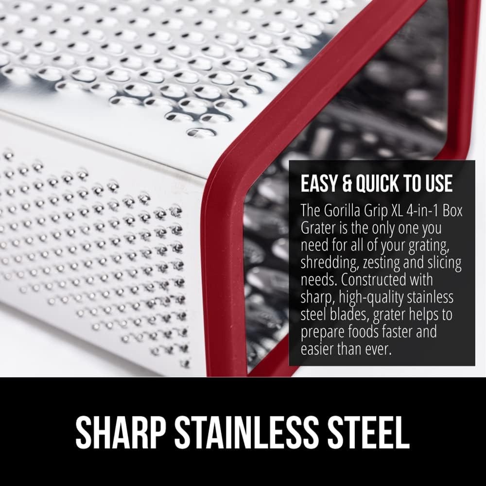 image:imageGORILLA GRIP XL 4Sided Stainless Steel Cheese Grater With Measurement Container BPAFree Box Grater Slip Resistant Base Grate Hard Parmesan Shred Veggies Zest Citrus Dishwasher Safe BlackRed