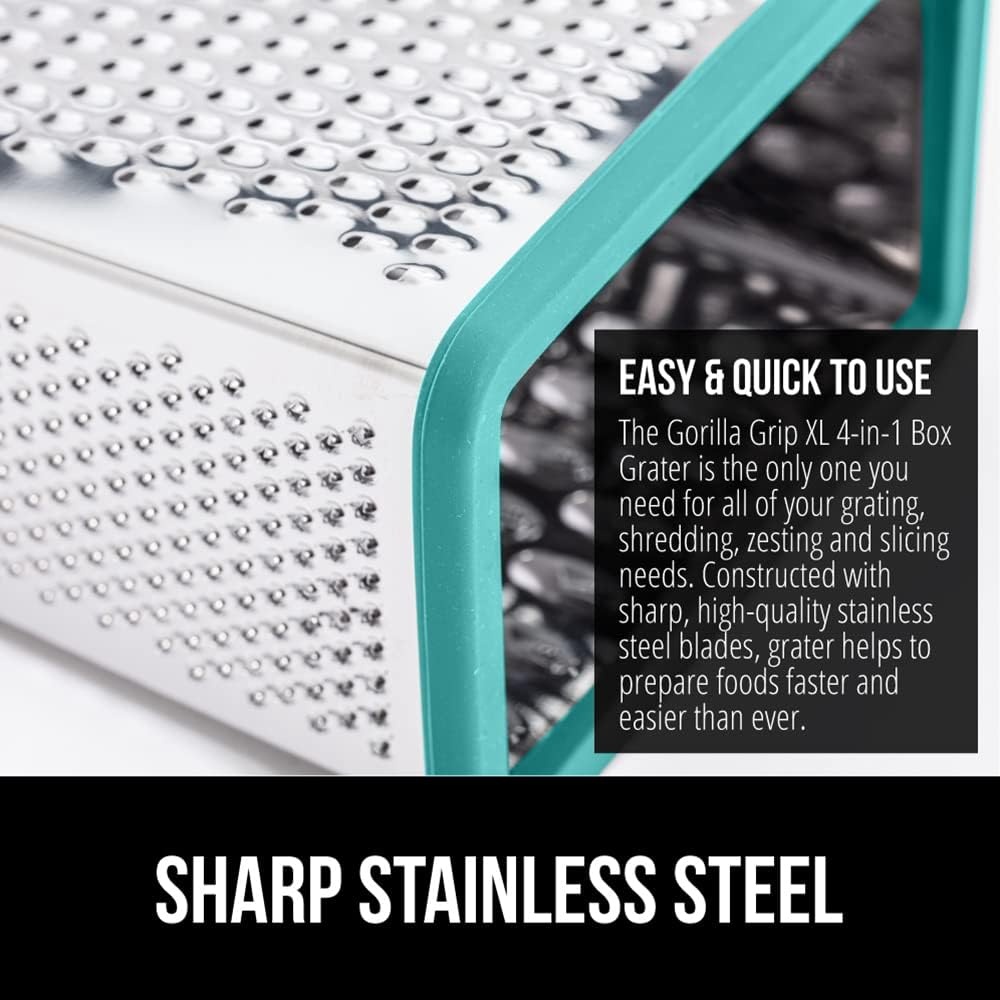 image:imageGORILLA GRIP XL 4Sided Stainless Steel Cheese Grater With Measurement Container BPAFree Box Grater Slip Resistant Base Grate Hard Parmesan Shred Veggies Zest Citrus Dishwasher Safe BlackTurquoise