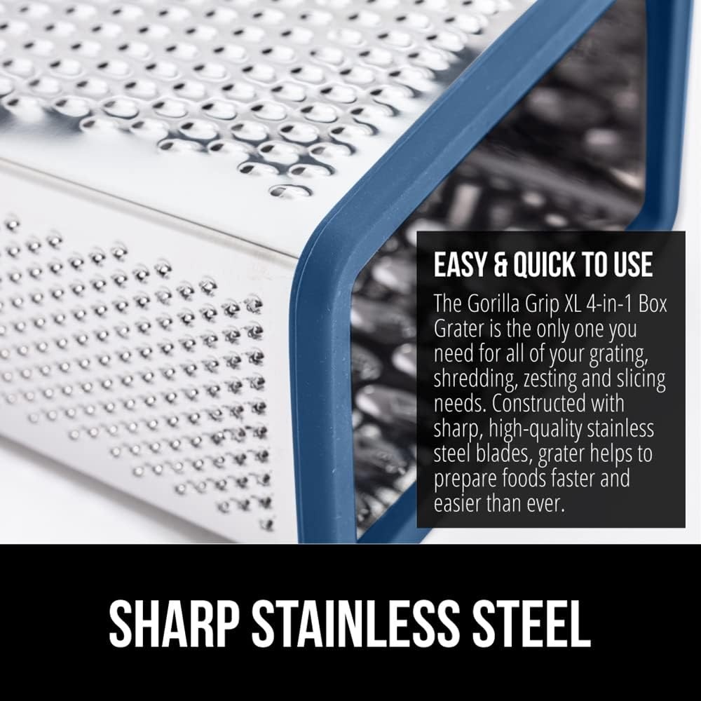image:imageGORILLA GRIP XL 4Sided Stainless Steel Cheese Grater With Measurement Container BPAFree Box Grater Slip Resistant Base Grate Hard Parmesan Shred Veggies Zest Citrus Dishwasher Safe BlackBlue