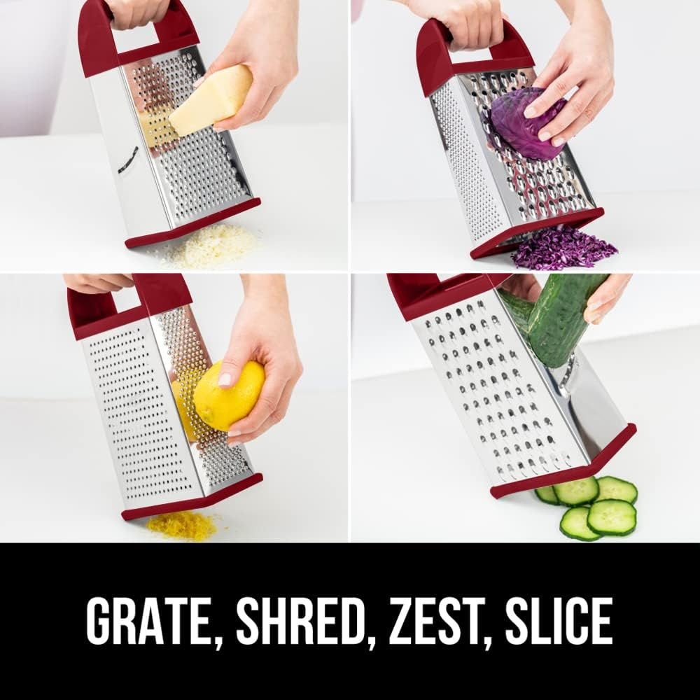 image:imageGORILLA GRIP XL 4Sided Stainless Steel Cheese Grater With Measurement Container BPAFree Box Grater Slip Resistant Base Grate Hard Parmesan Shred Veggies Zest Citrus Dishwasher Safe BlackRed
