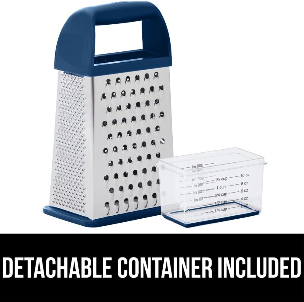 image:imageGORILLA GRIP XL 4Sided Stainless Steel Cheese Grater With Measurement Container BPAFree Box Grater Slip Resistant Base Grate Hard Parmesan Shred Veggies Zest Citrus Dishwasher Safe BlackBlue