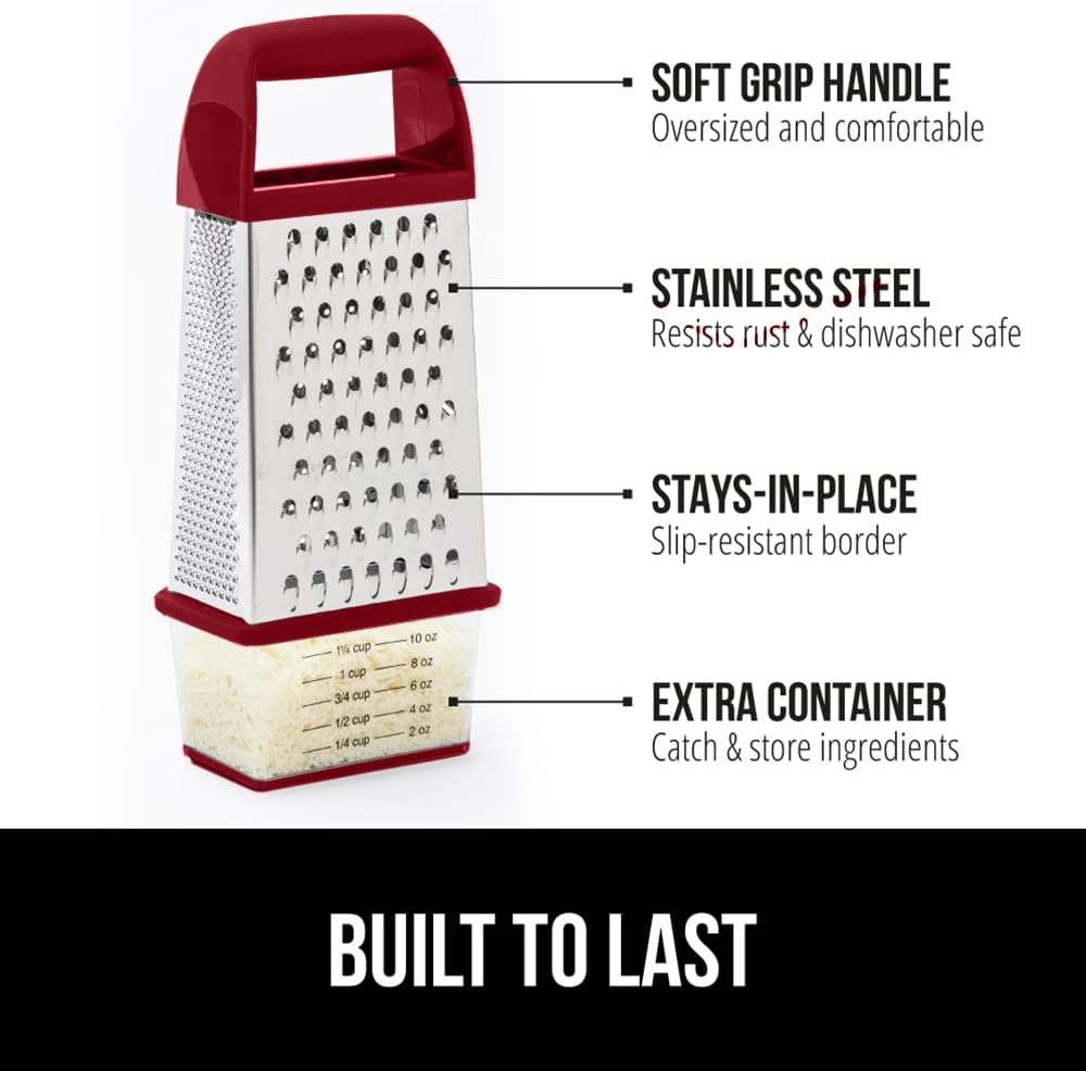 image:imageGORILLA GRIP XL 4Sided Stainless Steel Cheese Grater With Measurement Container BPAFree Box Grater Slip Resistant Base Grate Hard Parmesan Shred Veggies Zest Citrus Dishwasher Safe BlackRed