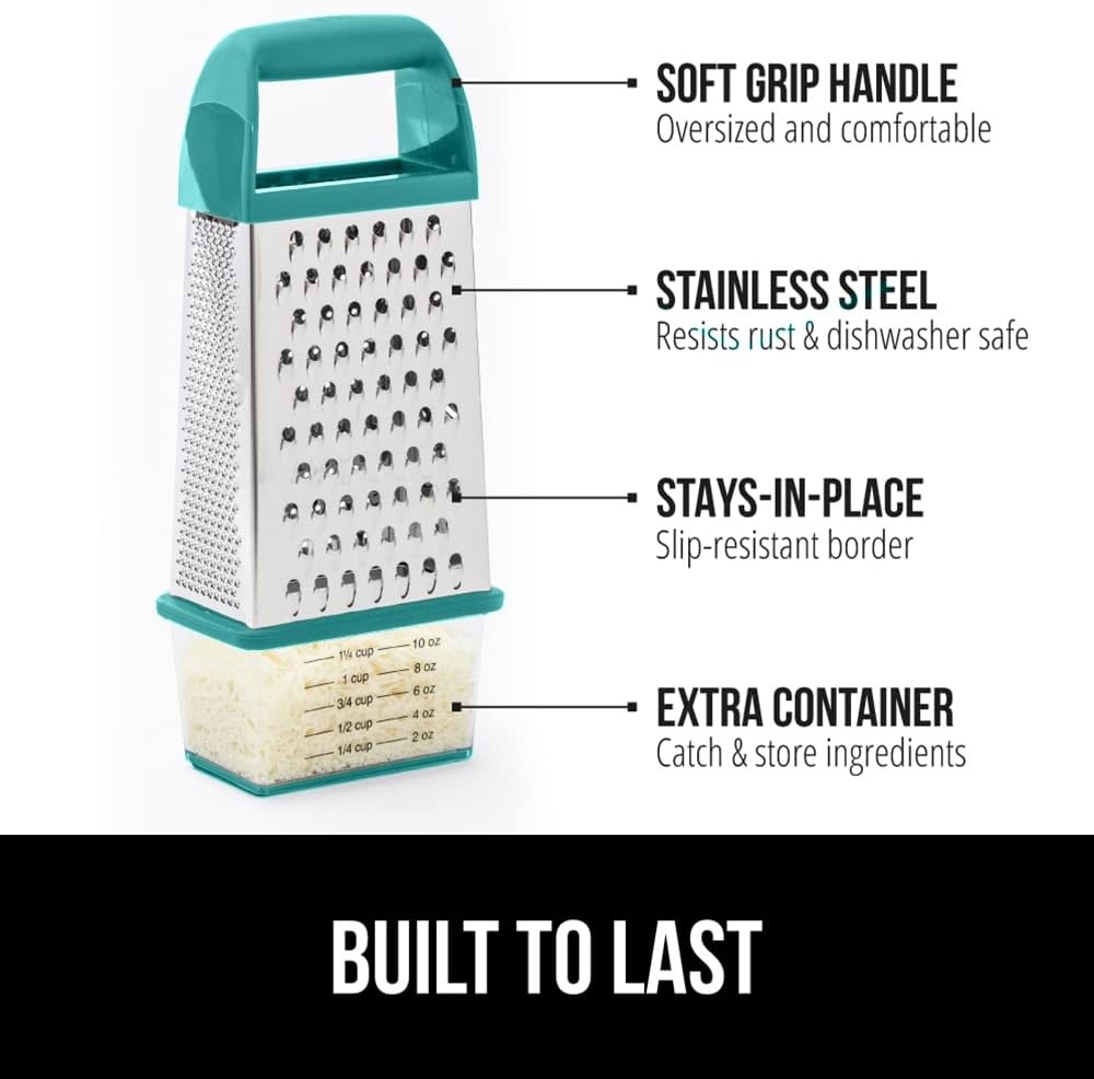 image:imageGORILLA GRIP XL 4Sided Stainless Steel Cheese Grater With Measurement Container BPAFree Box Grater Slip Resistant Base Grate Hard Parmesan Shred Veggies Zest Citrus Dishwasher Safe BlackTurquoise