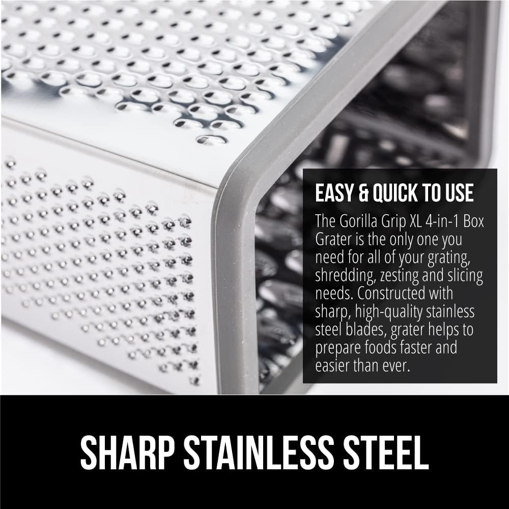 image:imageGORILLA GRIP XL 4Sided Stainless Steel Cheese Grater With Measurement Container BPAFree Box Grater Slip Resistant Base Grate Hard Parmesan Shred Veggies Zest Citrus Dishwasher Safe BlackGray