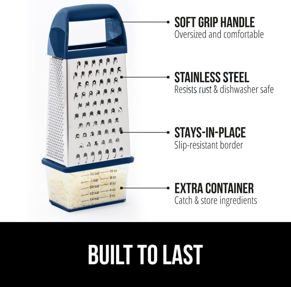 image:imageGORILLA GRIP XL 4Sided Stainless Steel Cheese Grater With Measurement Container BPAFree Box Grater Slip Resistant Base Grate Hard Parmesan Shred Veggies Zest Citrus Dishwasher Safe BlackBlue