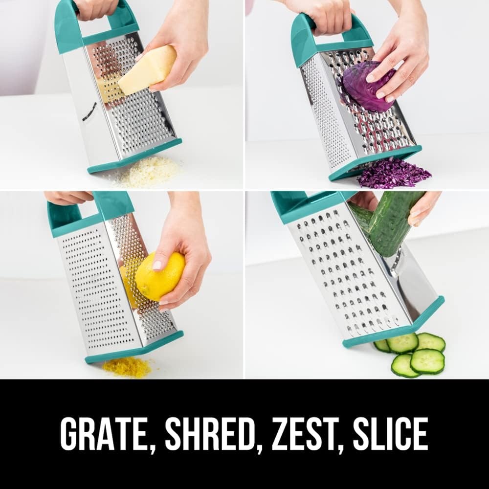 image:imageGORILLA GRIP XL 4Sided Stainless Steel Cheese Grater With Measurement Container BPAFree Box Grater Slip Resistant Base Grate Hard Parmesan Shred Veggies Zest Citrus Dishwasher Safe BlackTurquoise