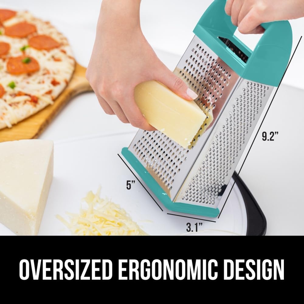 image:imageGORILLA GRIP XL 4Sided Stainless Steel Cheese Grater With Measurement Container BPAFree Box Grater Slip Resistant Base Grate Hard Parmesan Shred Veggies Zest Citrus Dishwasher Safe BlackTurquoise