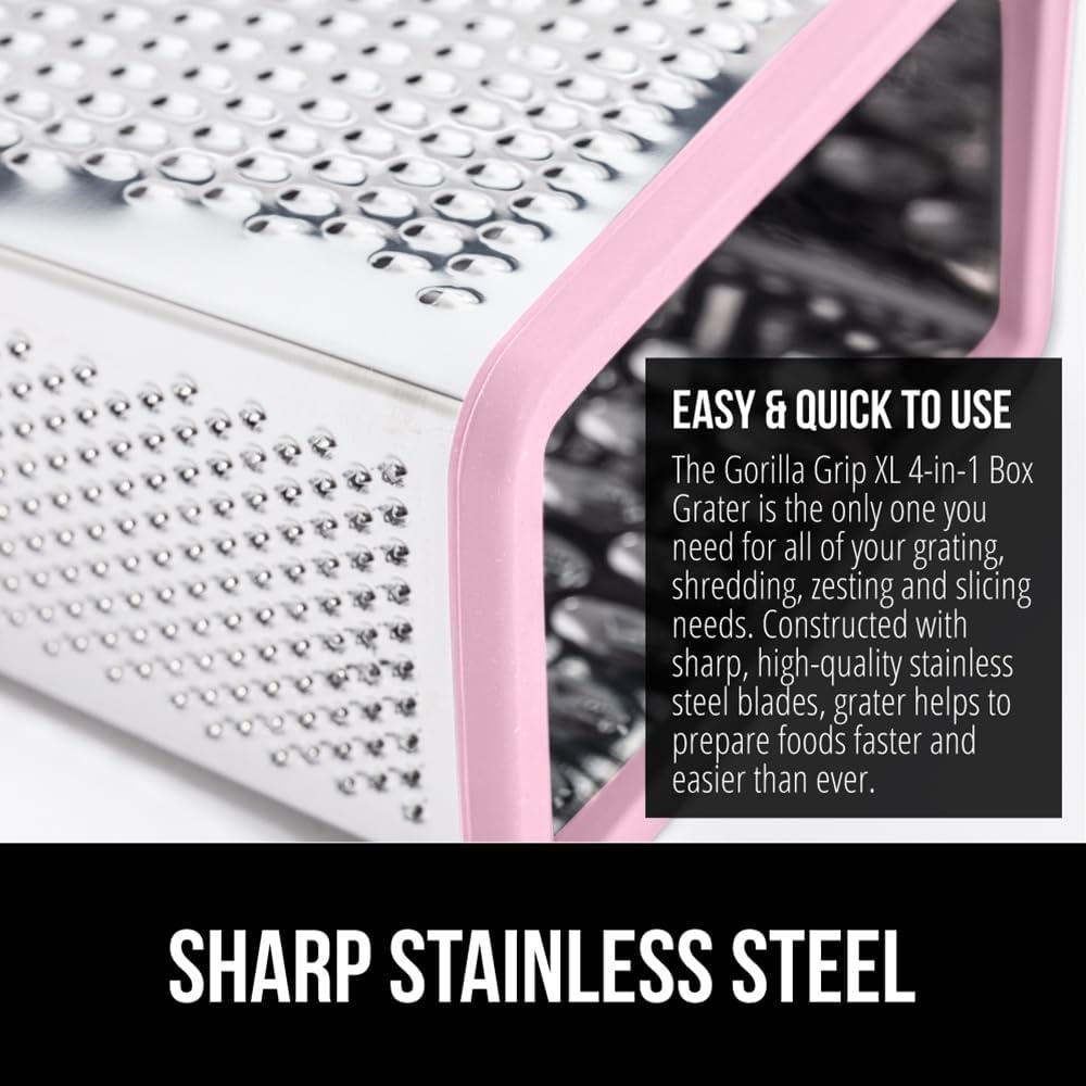 image:imageGORILLA GRIP XL 4Sided Stainless Steel Cheese Grater With Measurement Container BPAFree Box Grater Slip Resistant Base Grate Hard Parmesan Shred Veggies Zest Citrus Dishwasher Safe BlackPink