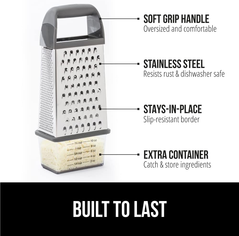 image:imageGORILLA GRIP XL 4Sided Stainless Steel Cheese Grater With Measurement Container BPAFree Box Grater Slip Resistant Base Grate Hard Parmesan Shred Veggies Zest Citrus Dishwasher Safe BlackGray