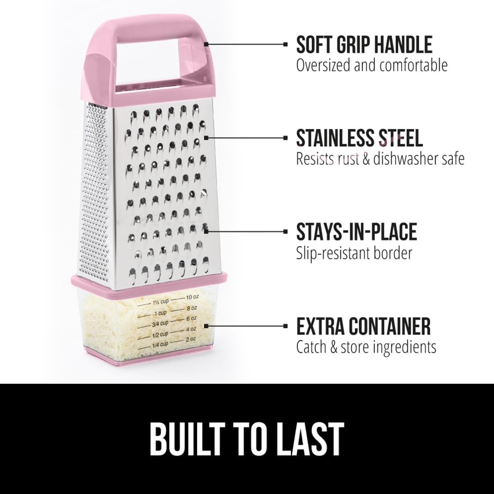 image:imageGORILLA GRIP XL 4Sided Stainless Steel Cheese Grater With Measurement Container BPAFree Box Grater Slip Resistant Base Grate Hard Parmesan Shred Veggies Zest Citrus Dishwasher Safe BlackPink