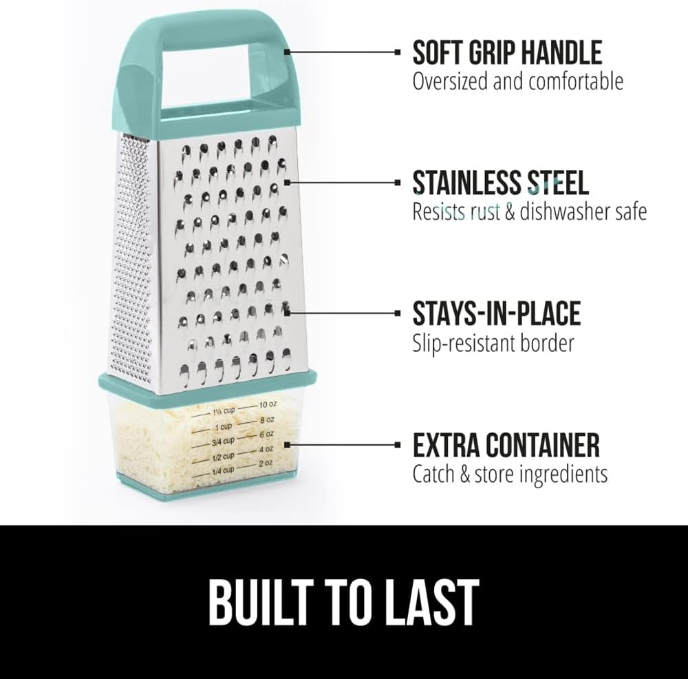 image:imageGORILLA GRIP XL 4Sided Stainless Steel Cheese Grater With Measurement Container BPAFree Box Grater Slip Resistant Base Grate Hard Parmesan Shred Veggies Zest Citrus Dishwasher Safe BlackMint