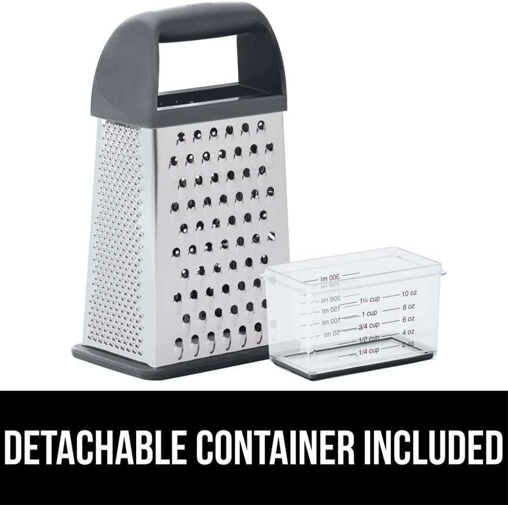 image:imageGORILLA GRIP XL 4Sided Stainless Steel Cheese Grater With Measurement Container BPAFree Box Grater Slip Resistant Base Grate Hard Parmesan Shred Veggies Zest Citrus Dishwasher Safe BlackGray