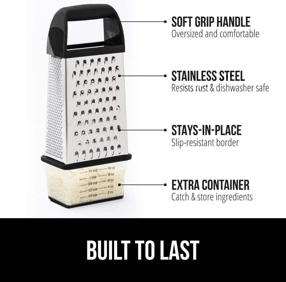 image:imageGORILLA GRIP XL 4Sided Stainless Steel Cheese Grater With Measurement Container BPAFree Box Grater Slip Resistant Base Grate Hard Parmesan Shred Veggies Zest Citrus Dishwasher Safe BlackBlack