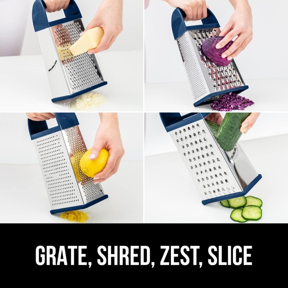 image:imageGORILLA GRIP XL 4Sided Stainless Steel Cheese Grater With Measurement Container BPAFree Box Grater Slip Resistant Base Grate Hard Parmesan Shred Veggies Zest Citrus Dishwasher Safe BlackBlue