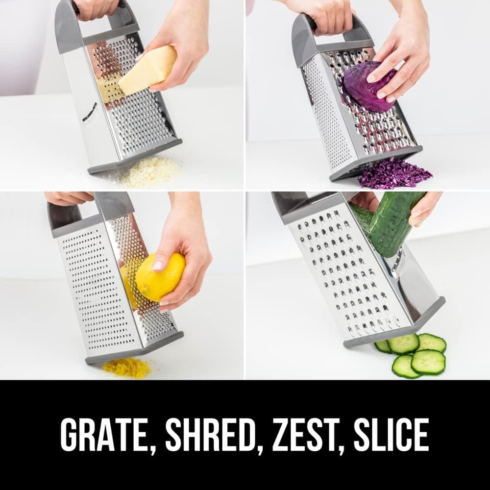 image:imageGORILLA GRIP XL 4Sided Stainless Steel Cheese Grater With Measurement Container BPAFree Box Grater Slip Resistant Base Grate Hard Parmesan Shred Veggies Zest Citrus Dishwasher Safe BlackGray