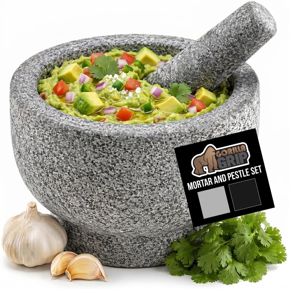 image:imageGORILLA GRIP 100 Natural Granite Stone Mortar and Pestle Set NonScratch Base Heavy Duty Unpolished Molcajete Guacamole Salsa Bowl Grind Seeds Herbs Pills Kitchen Lab Muddler 15 Cup GrayUnpolished Gray