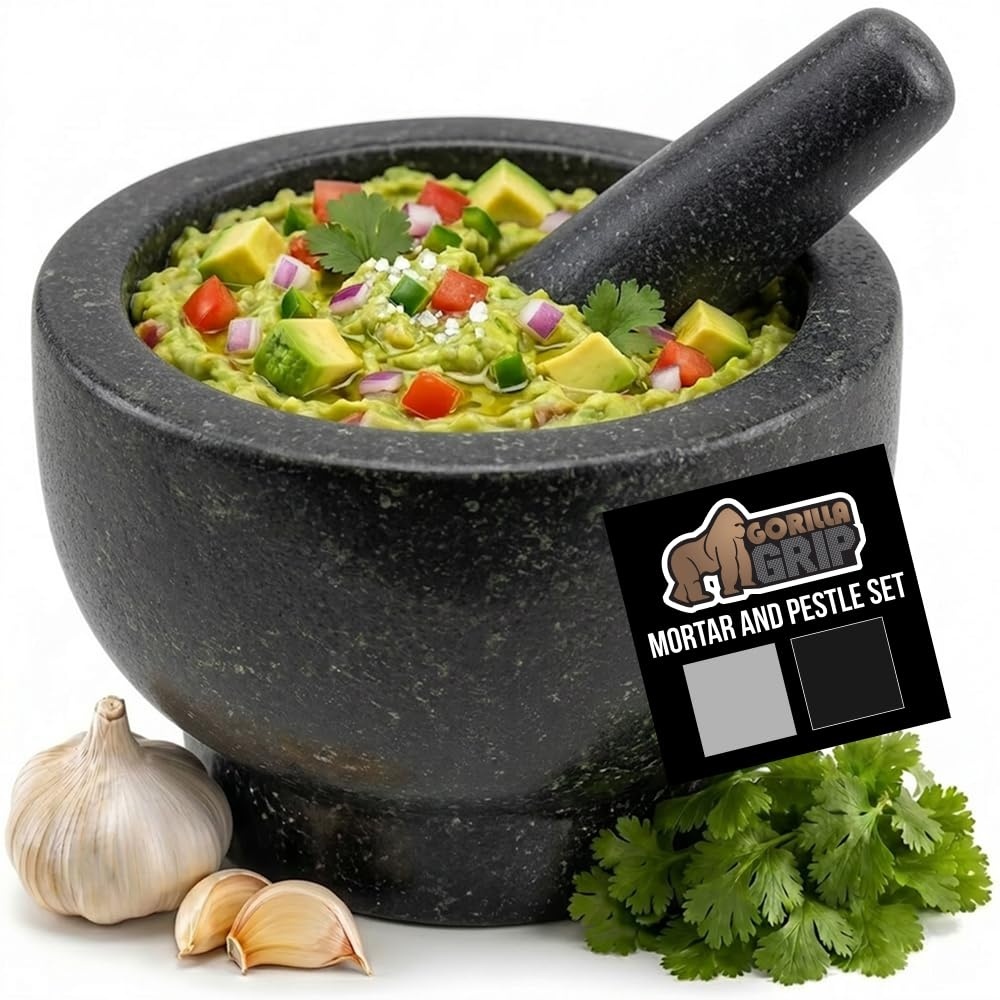 image:imageGORILLA GRIP 100 Natural Granite Stone Mortar and Pestle Set NonScratch Base Heavy Duty Unpolished Molcajete Guacamole Salsa Bowl Grind Seeds Herbs Pills Kitchen Lab Muddler 15 Cup GrayPolished Black