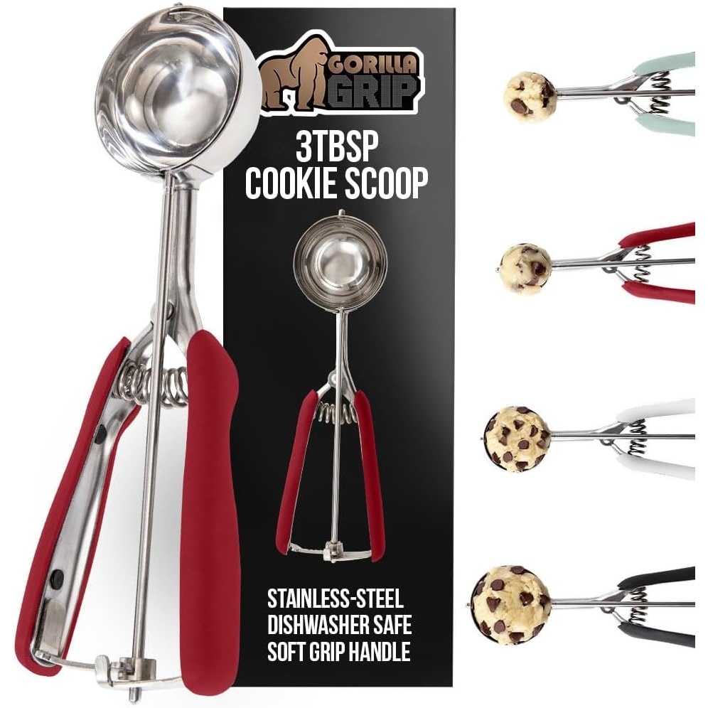image:imageGORILLA GRIP BPAFree 304 Stainless Steel Cookie Scoop 1 TBSP Scooper 60 Soft Grip Handle Easy Food Release Create Even Portions Multipurpose Kitchen Melon Baller Meatball Spring Scoops BlackRed