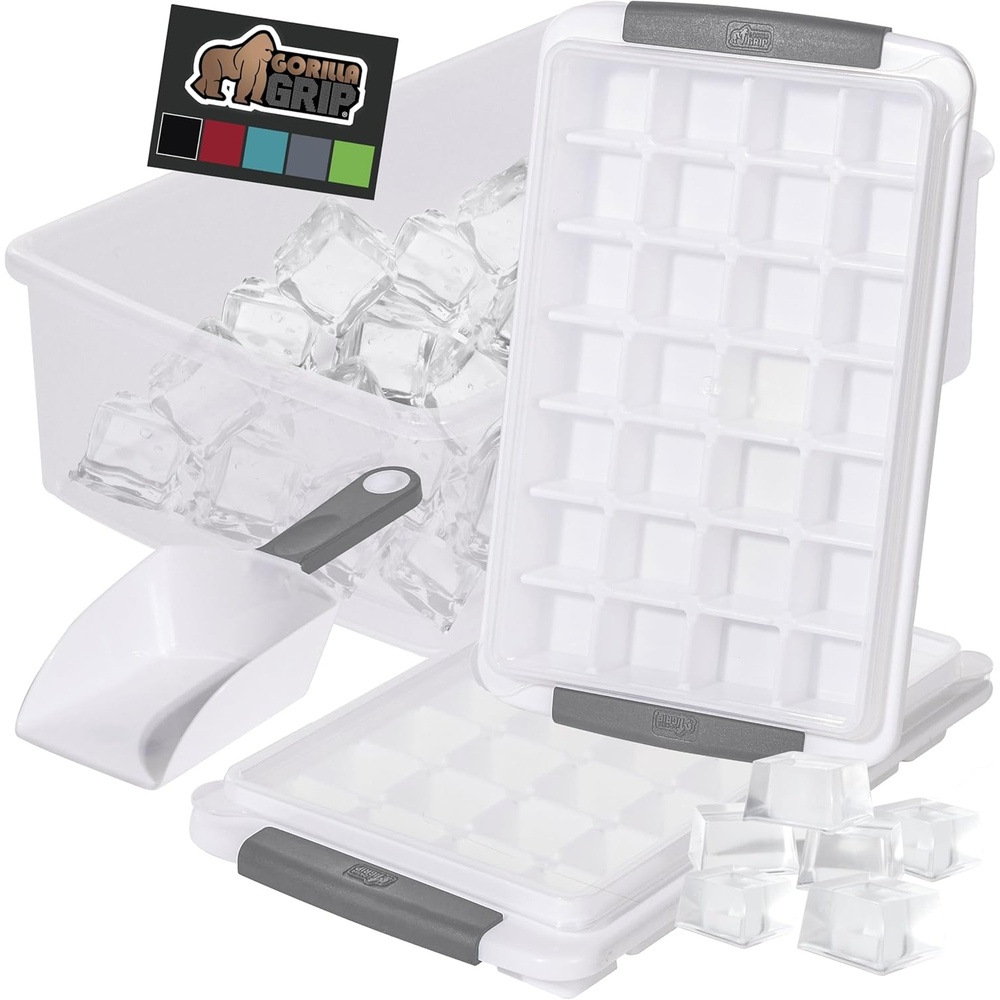 image:imageGORILLA GRIP BPAFree Easy Release Ice Cube Tray for Freezer Make Lots of Ice 56 Cubes Total Kit Includes 2 Stackable Leakproof Trays with Lid and Soft Handle Grips Scooper Bin For Coffee BlackGray
