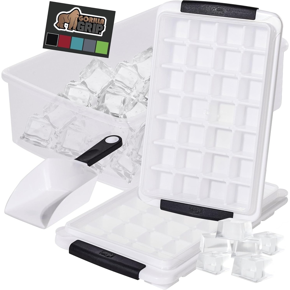 image:imageGORILLA GRIP BPAFree Easy Release Ice Cube Tray for Freezer Make Lots of Ice 56 Cubes Total Kit Includes 2 Stackable Leakproof Trays with Lid and Soft Handle Grips Scooper Bin For Coffee BlackBlack