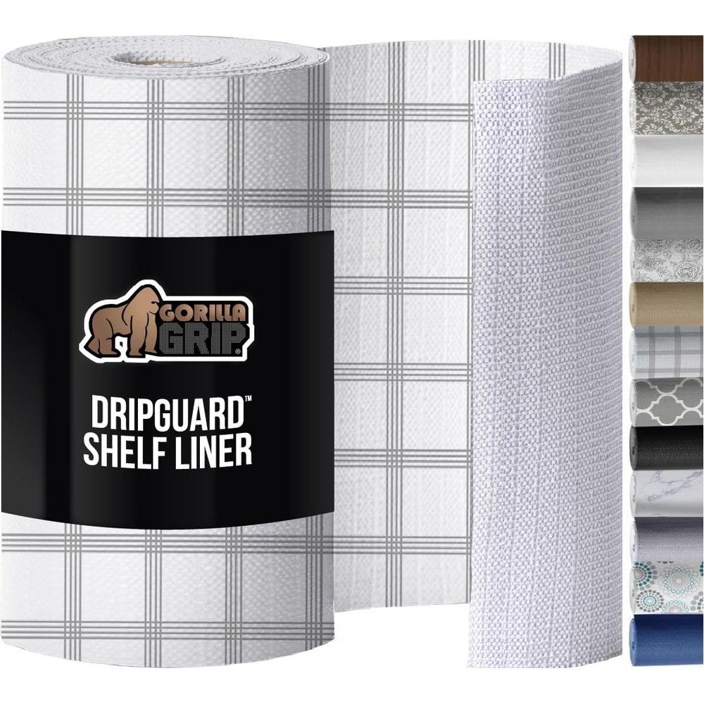 image:imageGORILLA GRIP DripGuard Shelf Liner NonAdhesive Drawer and Kitchen Cabinet Protector Strong Grip Slip Resistant Underside Smooth Surface Liners for Cabinets Bathrooms Closets 12x240 Inch MarbleStripe GrayWhite
