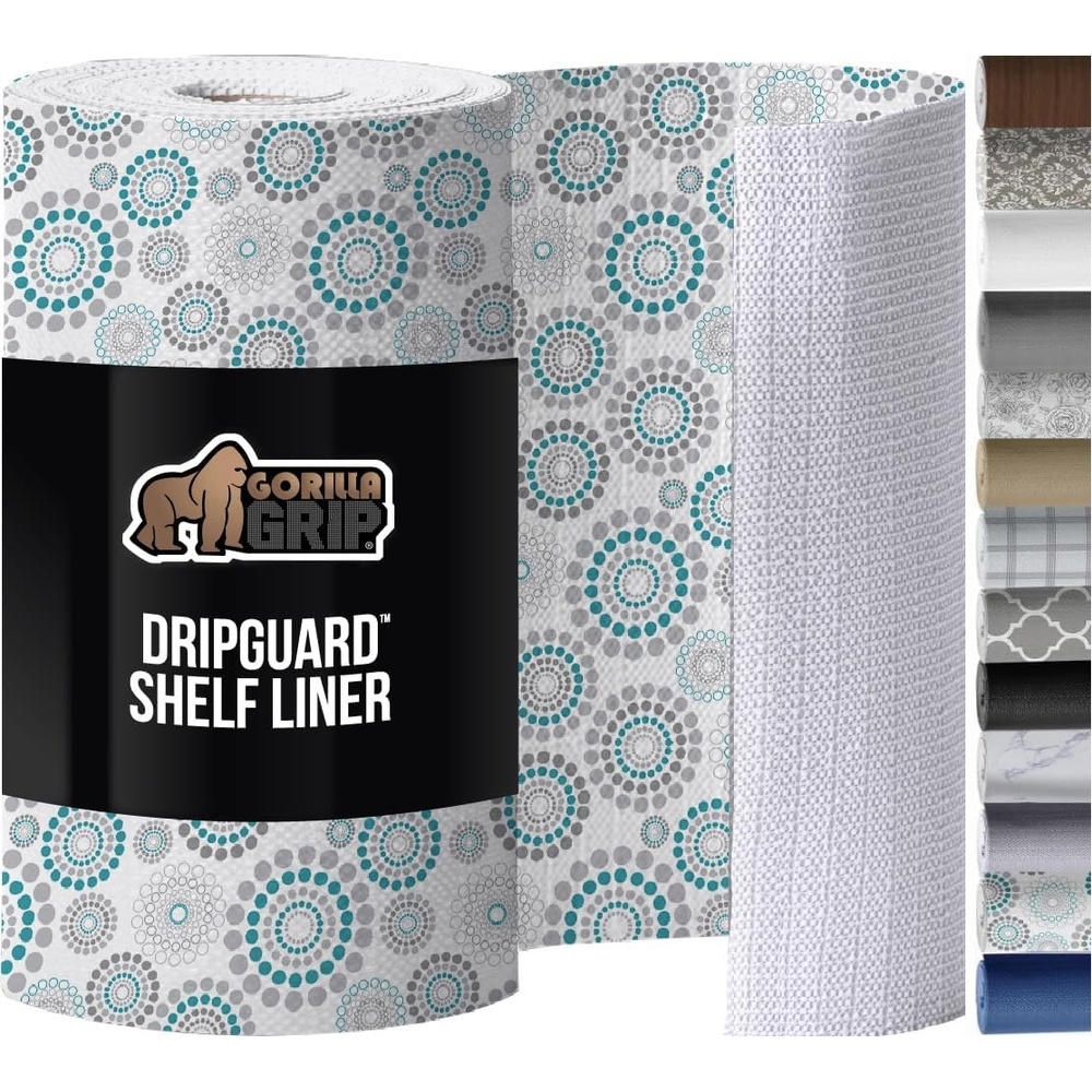 image:imageGORILLA GRIP DripGuard Shelf Liner NonAdhesive Drawer and Kitchen Cabinet Protector Strong Grip Slip Resistant Underside Smooth Surface Liners for Cabinets Bathrooms Closets 12x240 Inch MarbleSpiral Gray Turquoise White