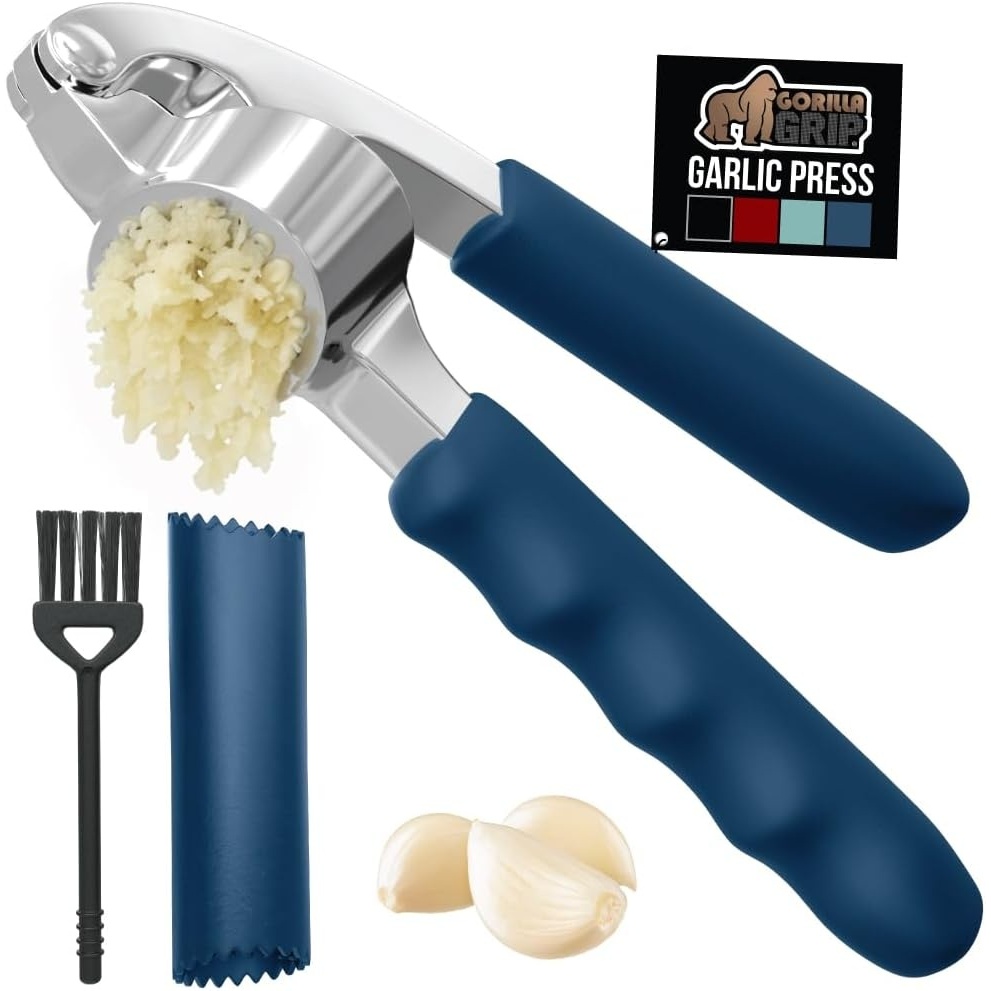 image:imageGORILLA GRIP Garlic Press and Peel Set Heavy Duty Mincer Tool Large Ergonomic Handle Easily Mince and Crush Garlics Ginger Nuts Seeds Peeler Included Peeling Cloves Kitchen Gadgets BlackBlue