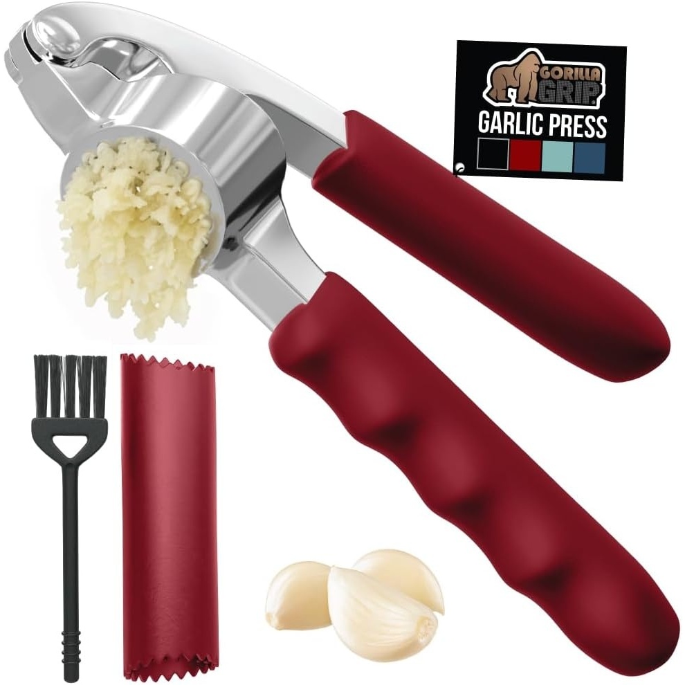 image:imageGORILLA GRIP Garlic Press and Peel Set Heavy Duty Mincer Tool Large Ergonomic Handle Easily Mince and Crush Garlics Ginger Nuts Seeds Peeler Included Peeling Cloves Kitchen Gadgets BlackRed