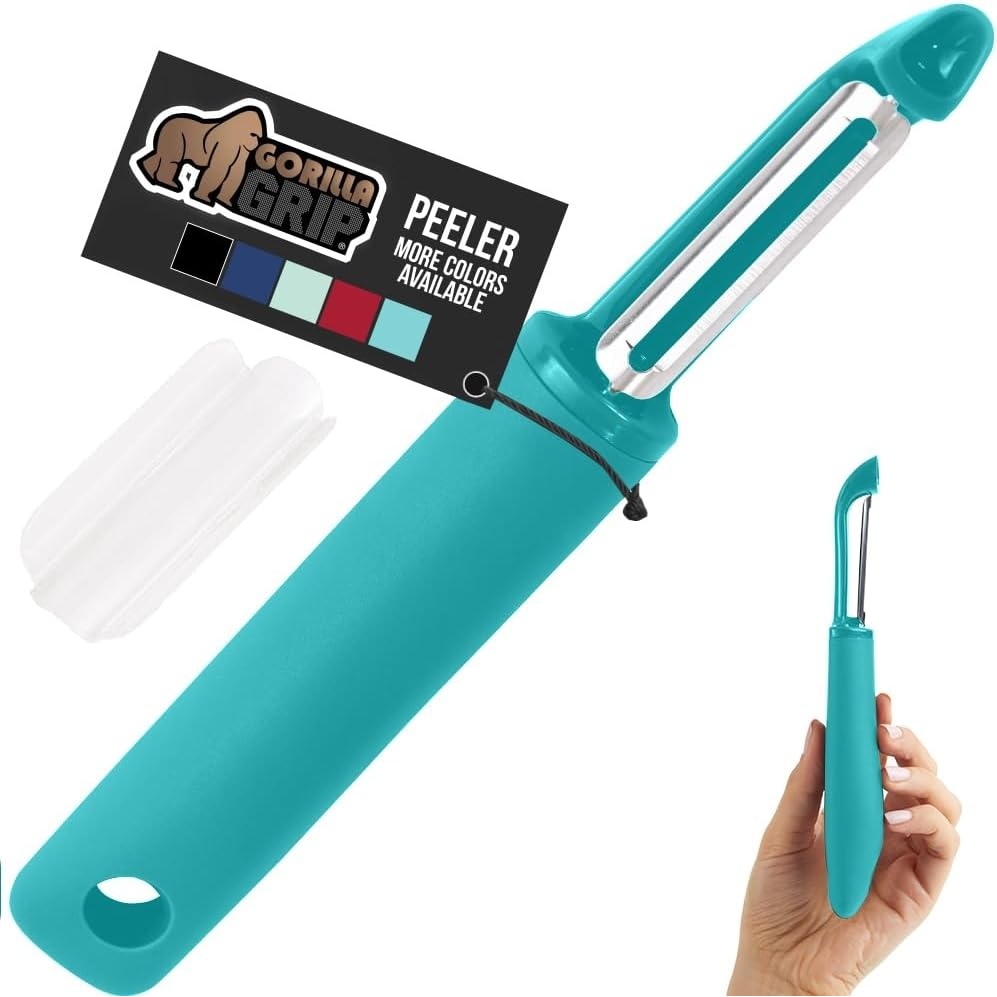 image:imageGORILLA GRIP Patented BPAFree Vegetable Peeler Extra Sharp Swivel Stainless Steel Blades with Guard Comfortable Soft Handle Easily Peel Carrots or Fruit Potato Eye Remover Washer Safe BlackTurquoise