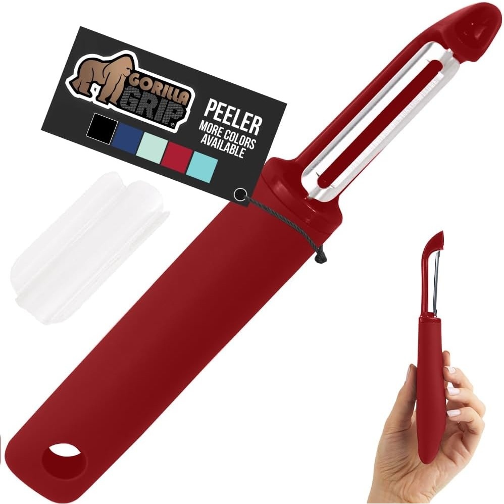 image:imageGORILLA GRIP Patented BPAFree Vegetable Peeler Extra Sharp Swivel Stainless Steel Blades with Guard Comfortable Soft Handle Easily Peel Carrots or Fruit Potato Eye Remover Washer Safe BlackRed