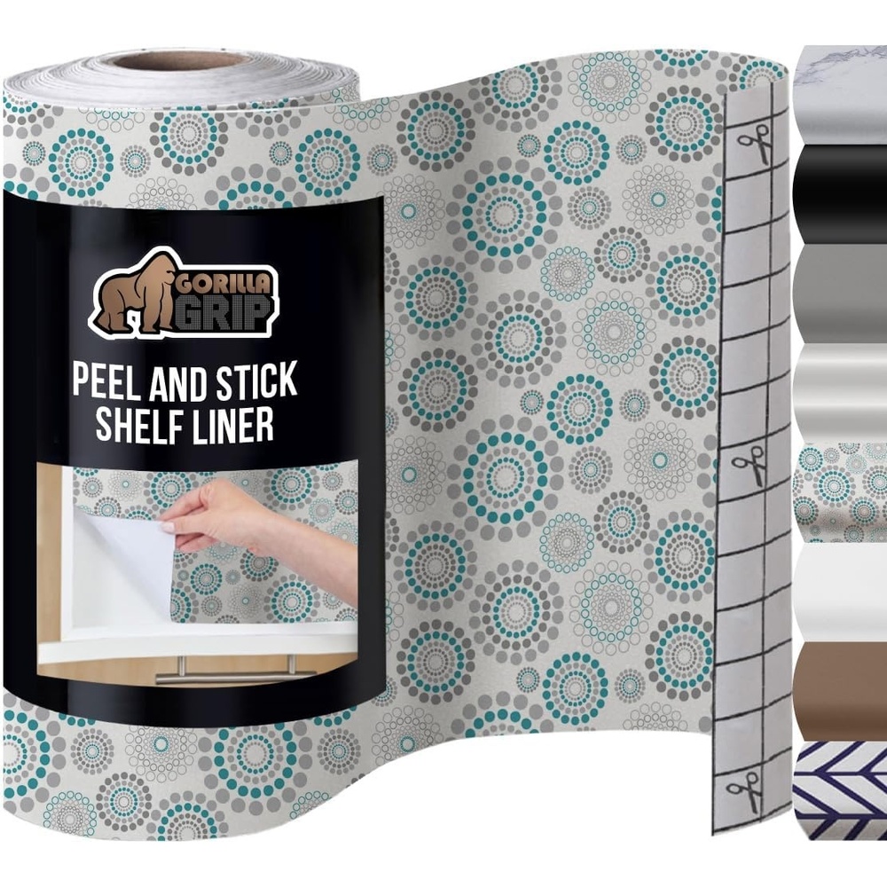 image:imageGORILLA GRIP Peel and Stick Paper Removable Cover for Books Shelves Countertops Drawers Cabinets and Crafts Easy Install Kitchen Decor Shelf Cabinet Liners 118 in x 20 FT Bright WhiteSpiral GrayWhiteTurquoise