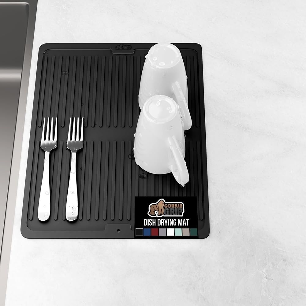 image:imageGORILLA GRIP Ultra Water Absorbent Microfiber Dish Drying Mat Quick Dry Thick Mesh Slip Resistant Pad for Sink Dishes or Under Rack Kitchen Counter Accessories Machine Wash Mats 18x16 Inch BlackBlack